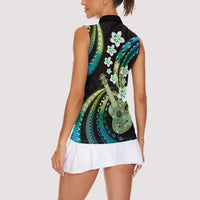 Hawaiian Ukulele Women Sleeveless Polo Shirt Chartreuse Cyan Fantastic Plumeria