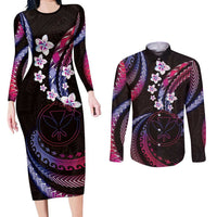 Hawaii Map Kanaka Maoli Couples Matching Long Sleeve Bodycon Dress and Long Sleeve Button Shirt Fantastic Frangipani Sweet Dream