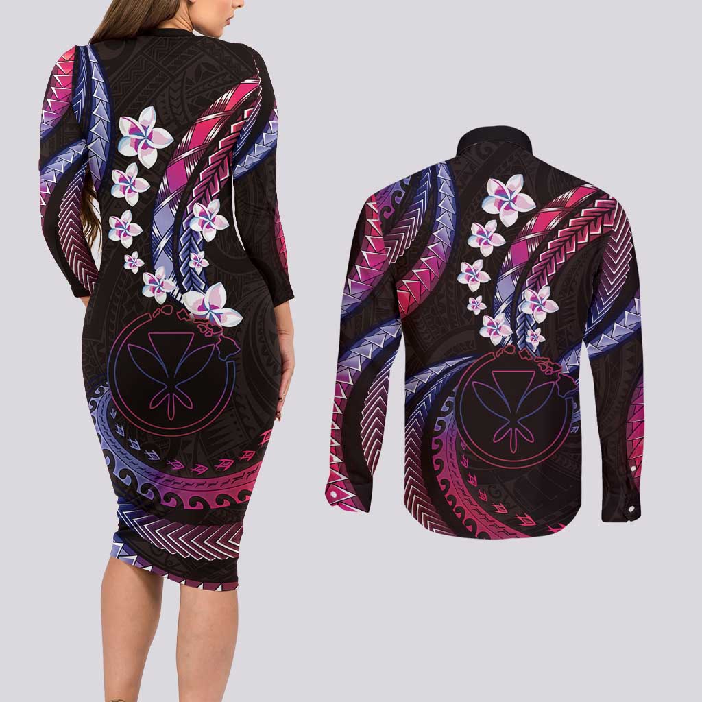 Hawaii Map Kanaka Maoli Couples Matching Long Sleeve Bodycon Dress and Long Sleeve Button Shirt Fantastic Frangipani Sweet Dream