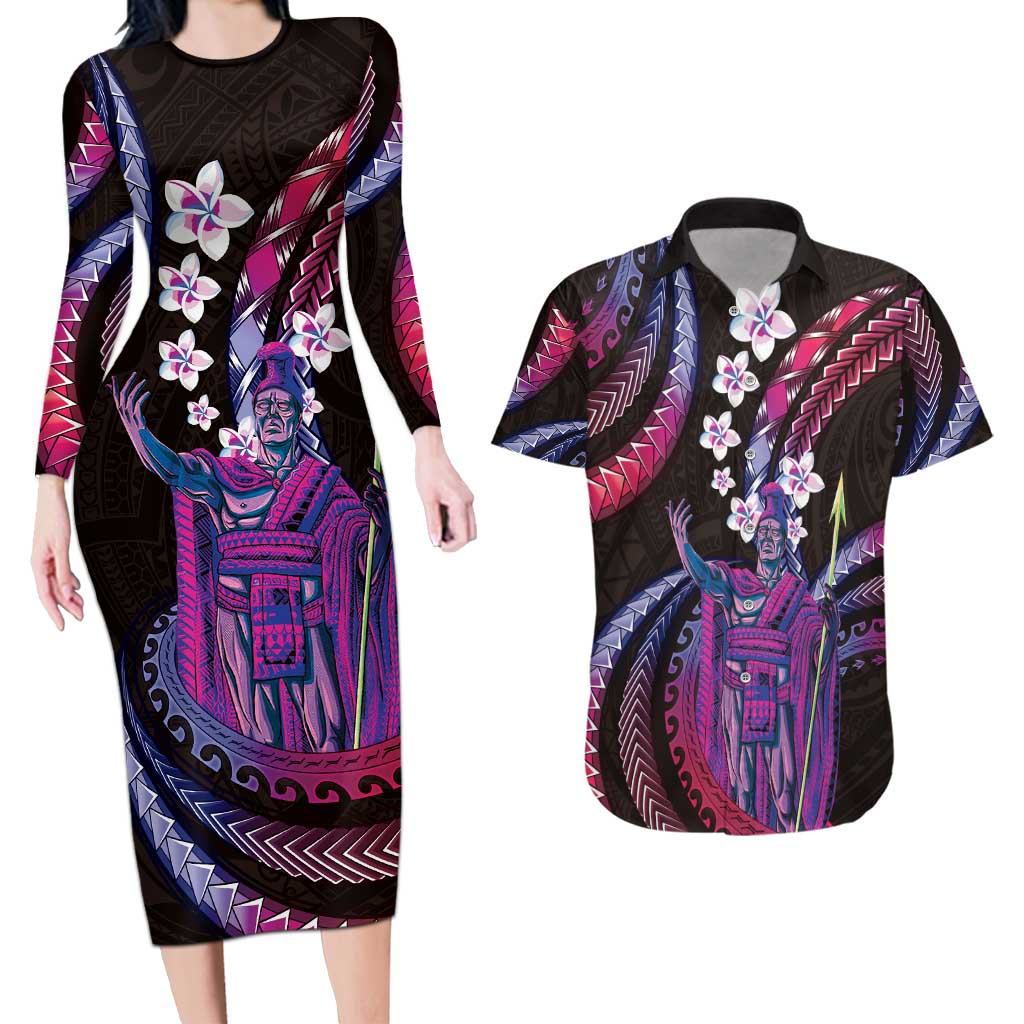 Hawaii King Kamehameha Couples Matching Long Sleeve Bodycon Dress and Hawaiian Shirt Fantastic Plumeria Sweet Vibes