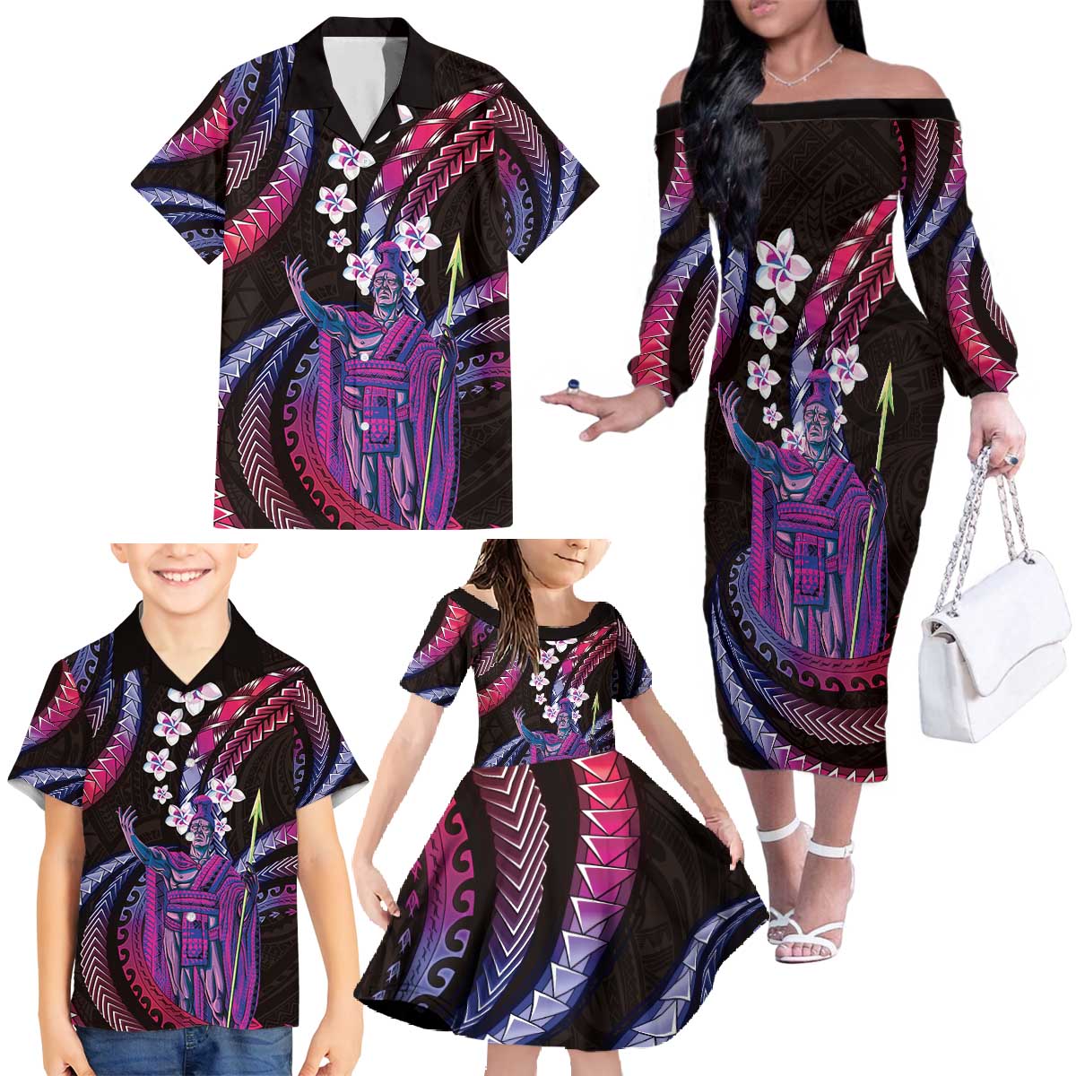 Hawaii King Kamehameha Family Matching Off The Shoulder Long Sleeve Dress and Hawaiian Shirt Fantastic Plumeria Sweet Vibes
