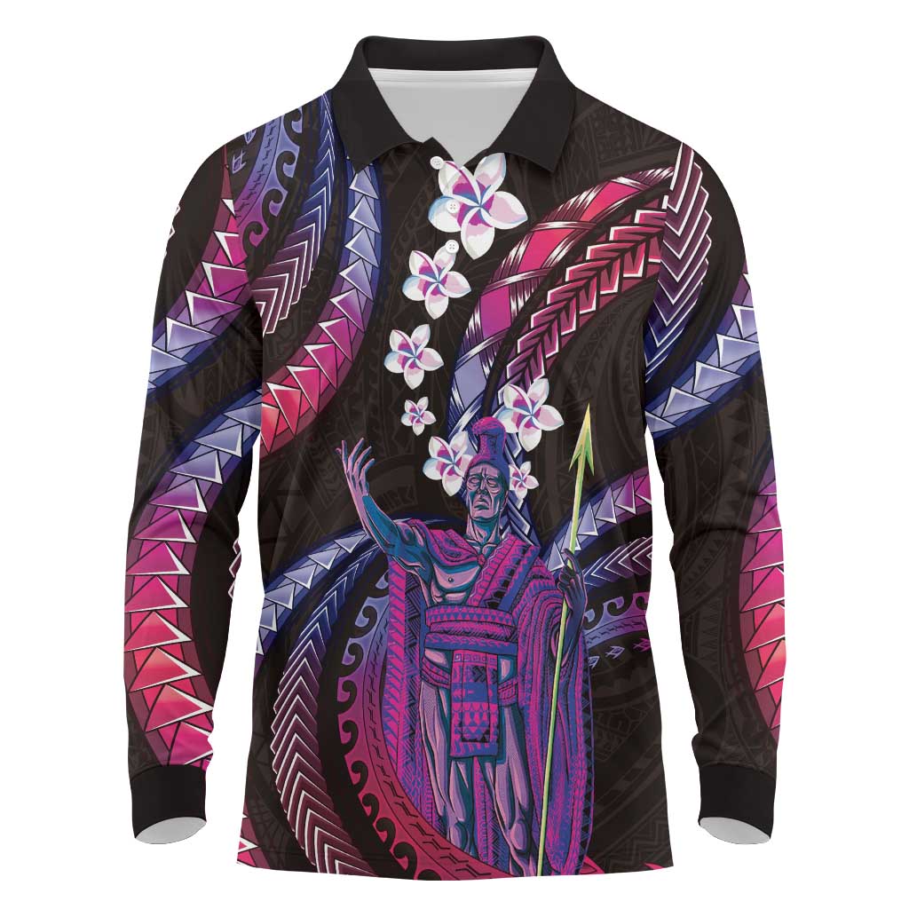 Hawaii King Kamehameha Long Sleeve Polo Shirt Fantastic Plumeria Sweet Vibes
