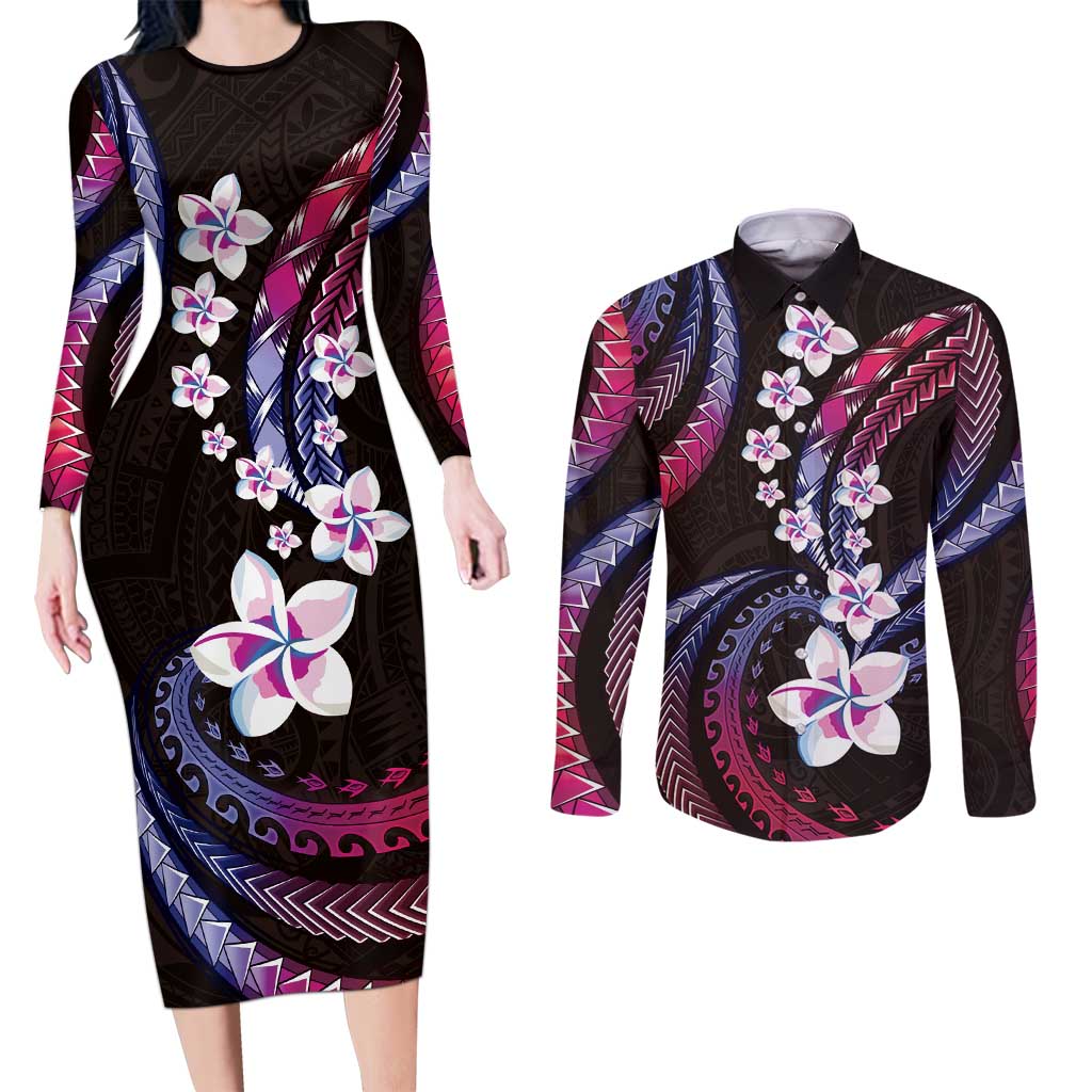 Hawaii Plumeria Couples Matching Long Sleeve Bodycon Dress and Long Sleeve Button Shirt Sweet Gradient Polynesian Pattern LT01 Pink - Polynesian Pride