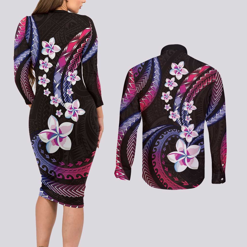 Hawaii Plumeria Couples Matching Long Sleeve Bodycon Dress and Long Sleeve Button Shirt Sweet Gradient Polynesian Pattern LT01 - Polynesian Pride
