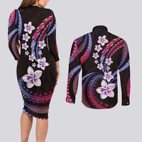 Hawaii Plumeria Couples Matching Long Sleeve Bodycon Dress and Long Sleeve Button Shirt Sweet Gradient Polynesian Pattern LT01 - Polynesian Pride