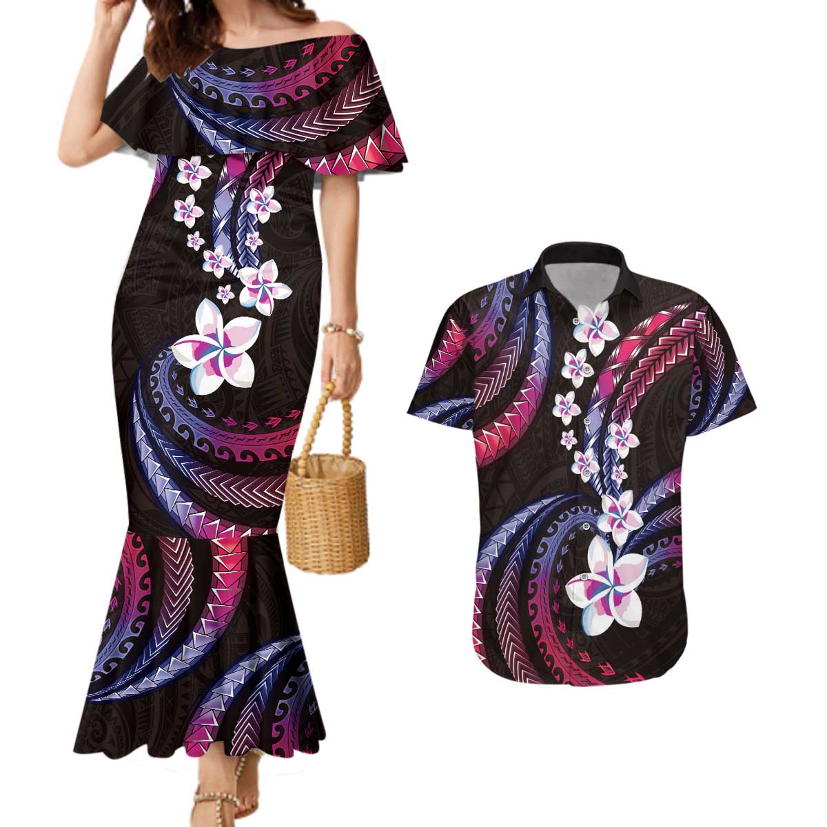 Hawaii Plumeria Couples Matching Mermaid Dress and Hawaiian Shirt Sweet Gradient Polynesian Pattern LT01 Pink - Polynesian Pride