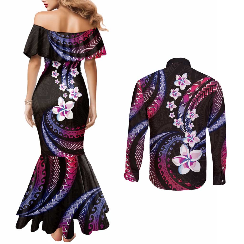 Hawaii Plumeria Couples Matching Mermaid Dress and Long Sleeve Button Shirt Sweet Gradient Polynesian Pattern LT01 - Polynesian Pride