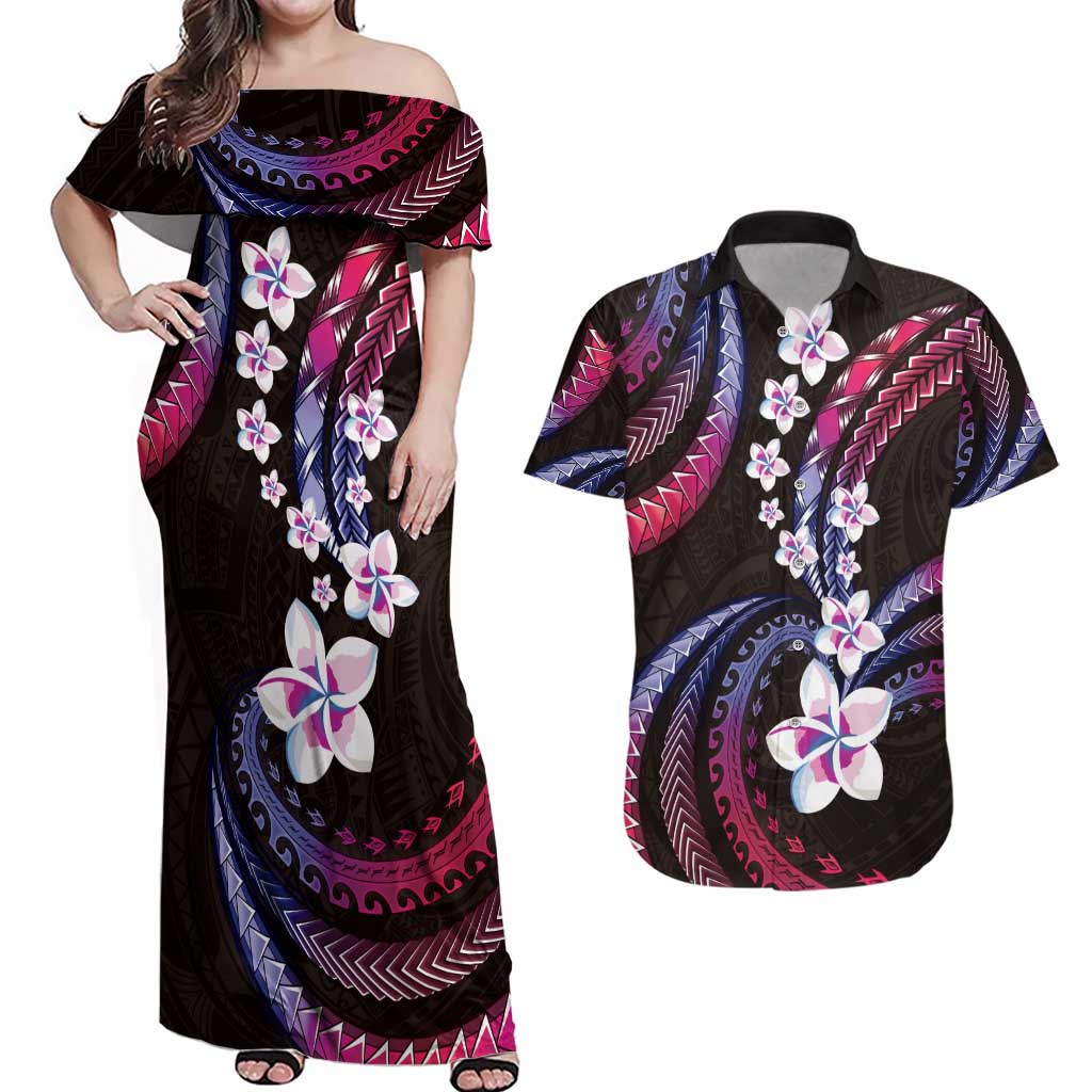 Hawaii Plumeria Couples Matching Off Shoulder Maxi Dress and Hawaiian Shirt Sweet Gradient Polynesian Pattern LT01 Pink - Polynesian Pride