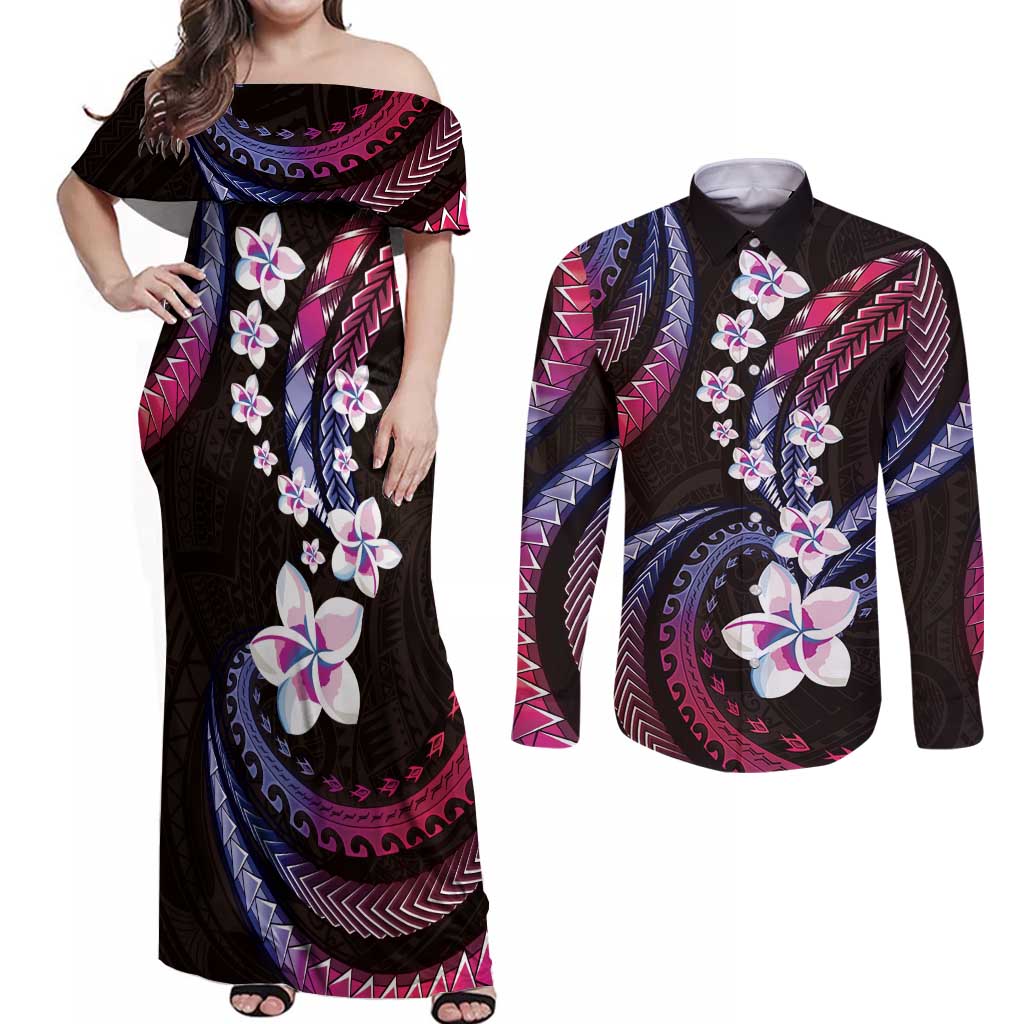 Hawaii Plumeria Couples Matching Off Shoulder Maxi Dress and Long Sleeve Button Shirt Sweet Gradient Polynesian Pattern LT01 Pink - Polynesian Pride