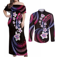 Hawaii Plumeria Couples Matching Off Shoulder Maxi Dress and Long Sleeve Button Shirt Sweet Gradient Polynesian Pattern LT01 Pink - Polynesian Pride