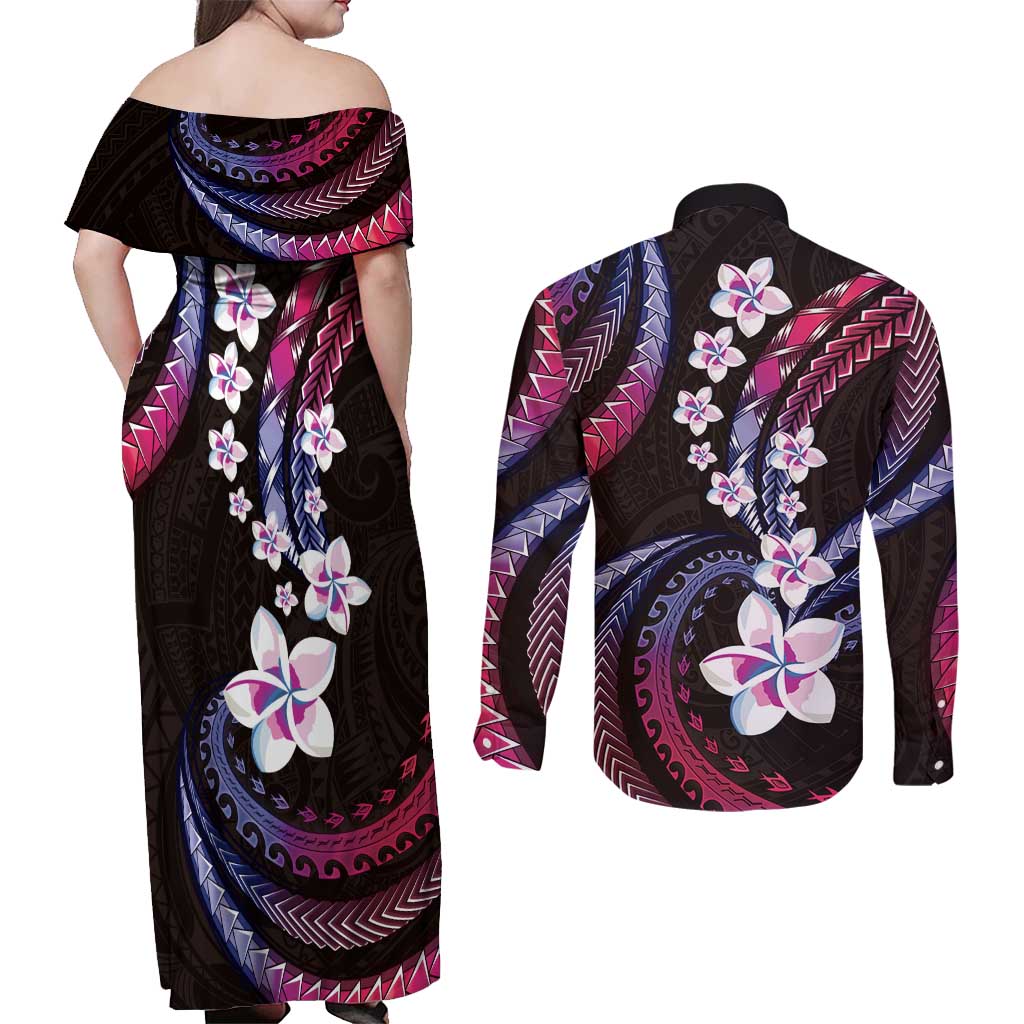 Hawaii Plumeria Couples Matching Off Shoulder Maxi Dress and Long Sleeve Button Shirt Sweet Gradient Polynesian Pattern LT01 - Polynesian Pride