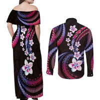 Hawaii Plumeria Couples Matching Off Shoulder Maxi Dress and Long Sleeve Button Shirt Sweet Gradient Polynesian Pattern LT01 - Polynesian Pride