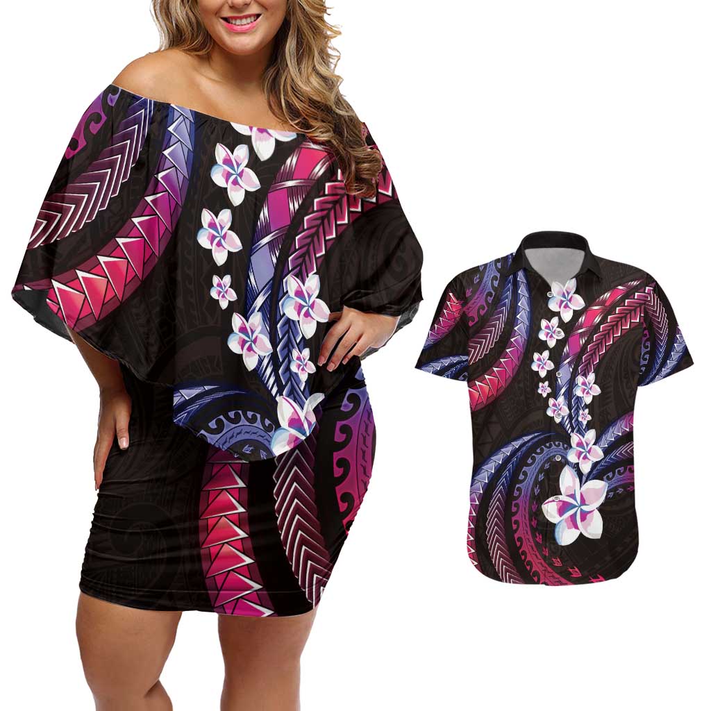 Hawaii Plumeria Couples Matching Off Shoulder Short Dress and Hawaiian Shirt Sweet Gradient Polynesian Pattern LT01 Pink - Polynesian Pride
