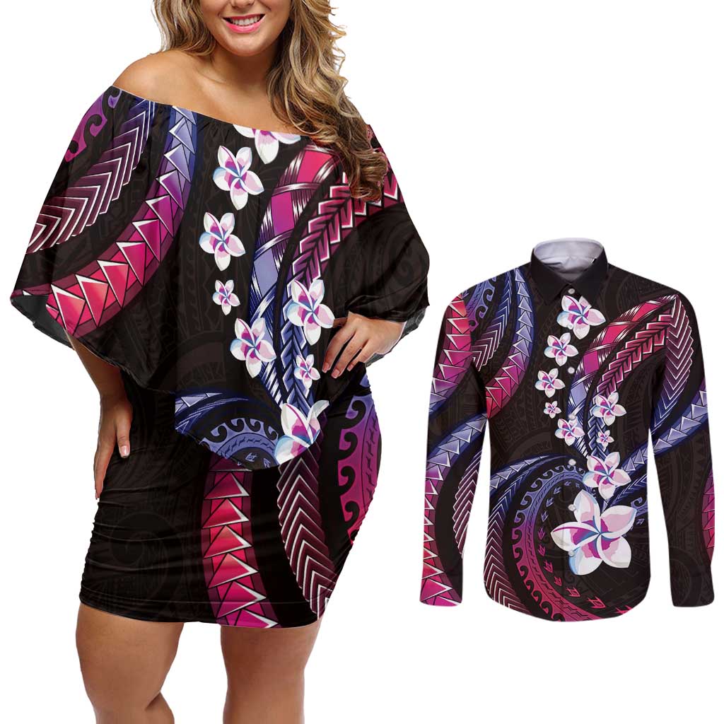 Hawaii Plumeria Couples Matching Off Shoulder Short Dress and Long Sleeve Button Shirt Sweet Gradient Polynesian Pattern LT01 Pink - Polynesian Pride
