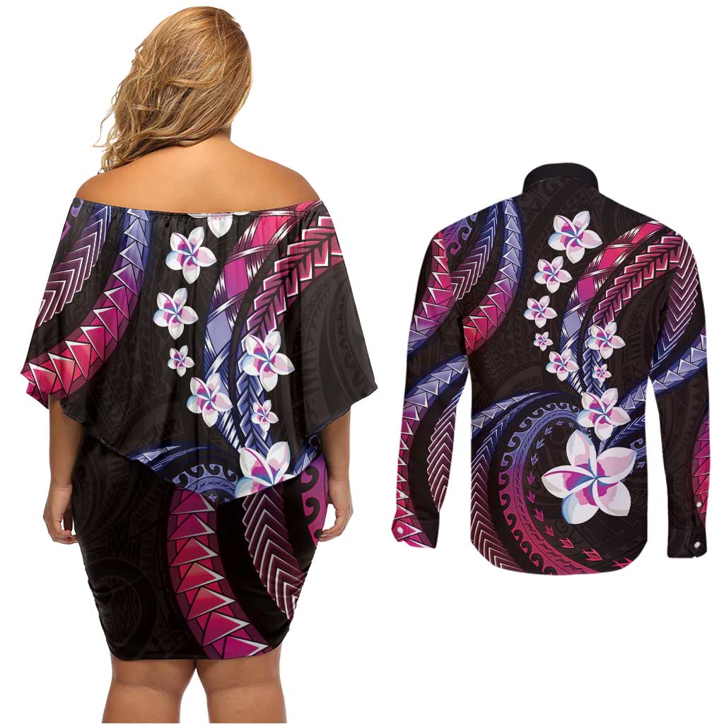 Hawaii Plumeria Couples Matching Off Shoulder Short Dress and Long Sleeve Button Shirt Sweet Gradient Polynesian Pattern LT01 - Polynesian Pride