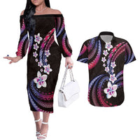 Hawaii Plumeria Couples Matching Off The Shoulder Long Sleeve Dress and Hawaiian Shirt Sweet Gradient Polynesian Pattern LT01 Pink - Polynesian Pride