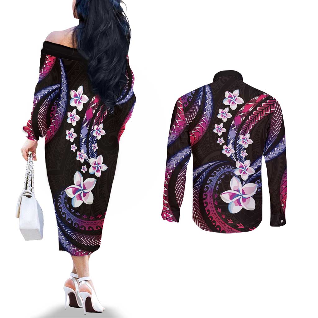 Hawaii Plumeria Couples Matching Off The Shoulder Long Sleeve Dress and Long Sleeve Button Shirt Sweet Gradient Polynesian Pattern LT01 - Polynesian Pride