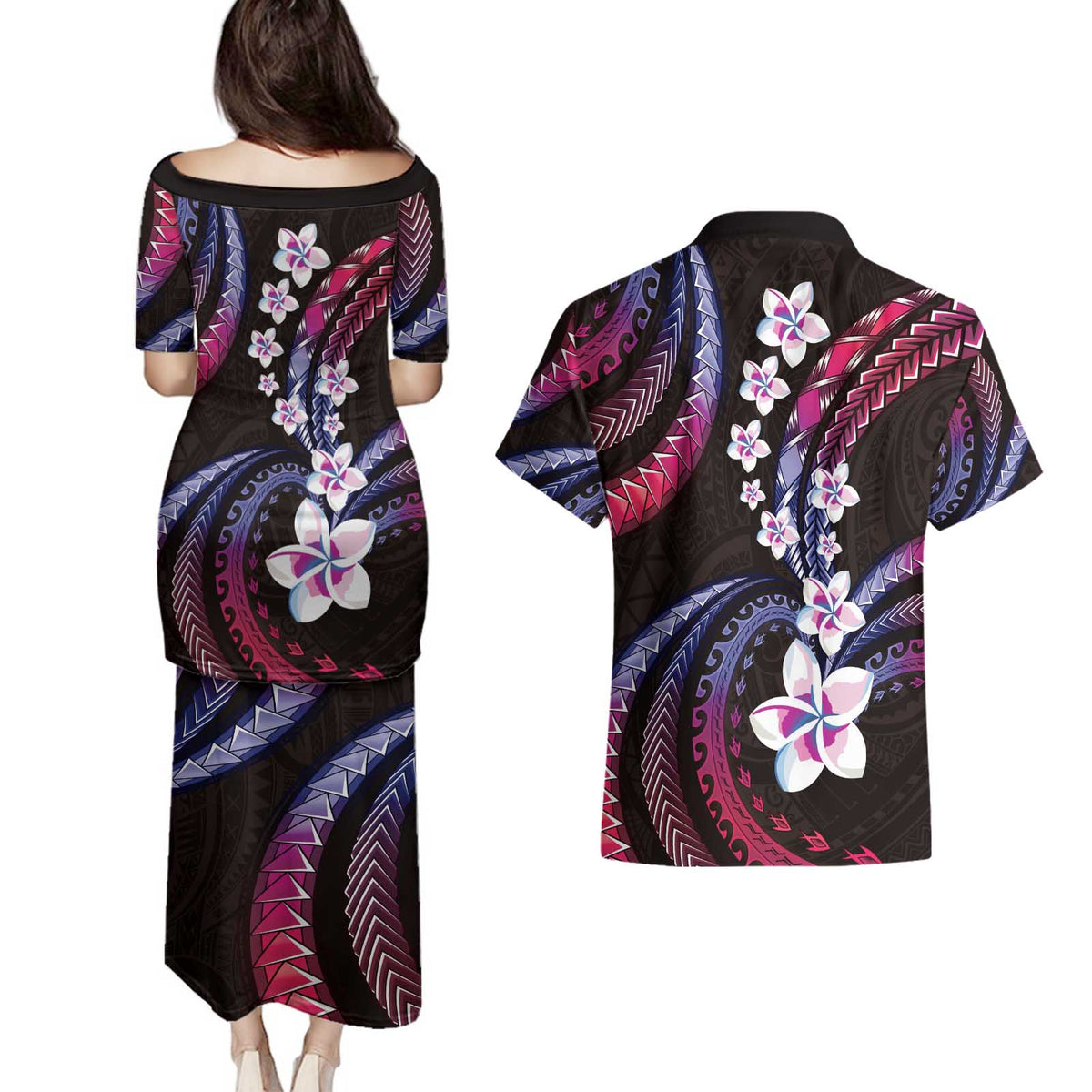 Hawaii Plumeria Couples Matching Puletasi and Hawaiian Shirt Sweet Gradient Polynesian Pattern LT01 - Polynesian Pride