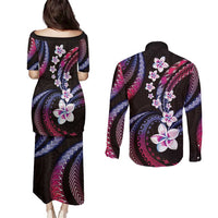 Hawaii Plumeria Couples Matching Puletasi and Long Sleeve Button Shirt Sweet Gradient Polynesian Pattern LT01 - Polynesian Pride