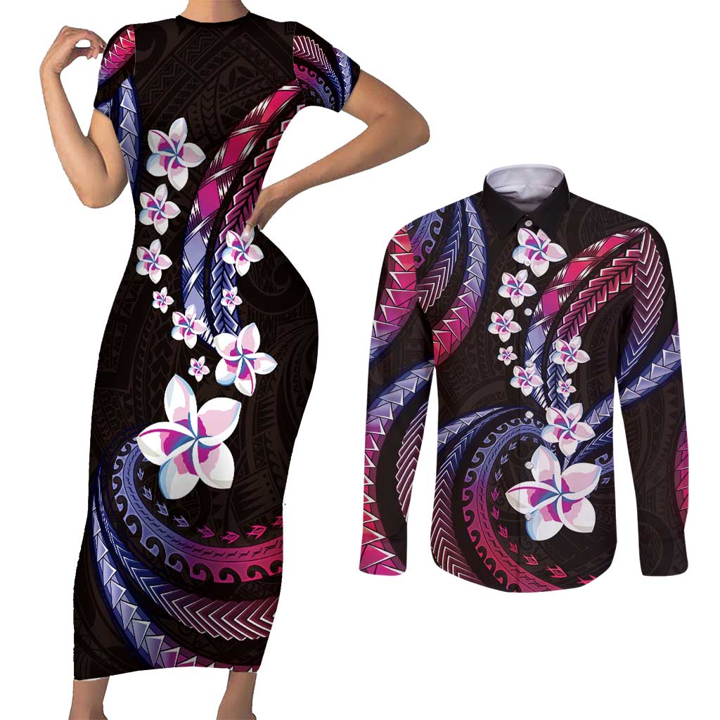 Hawaii Plumeria Couples Matching Short Sleeve Bodycon Dress and Long Sleeve Button Shirt Sweet Gradient Polynesian Pattern LT01 Pink - Polynesian Pride