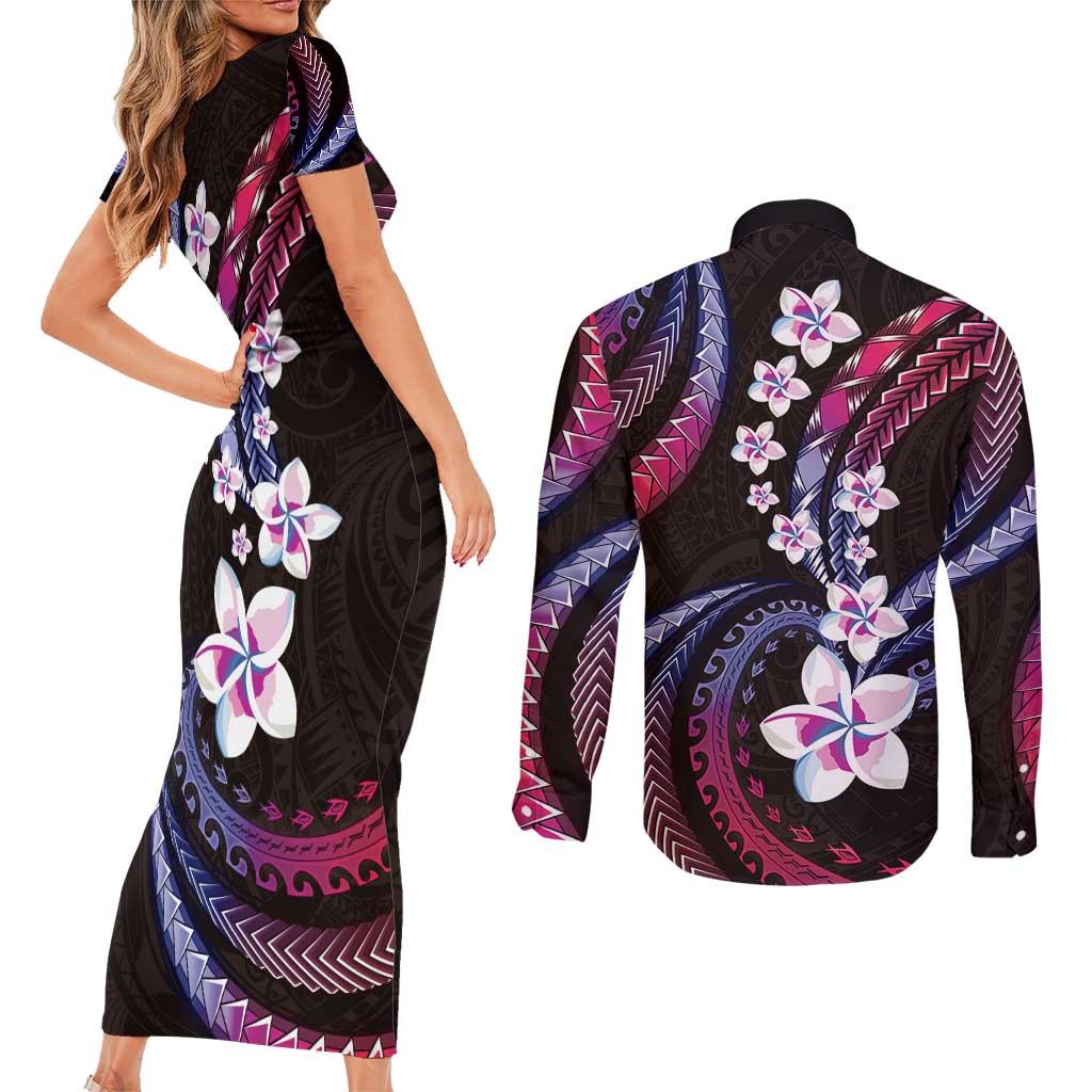 Hawaii Plumeria Couples Matching Short Sleeve Bodycon Dress and Long Sleeve Button Shirt Sweet Gradient Polynesian Pattern LT01 - Polynesian Pride