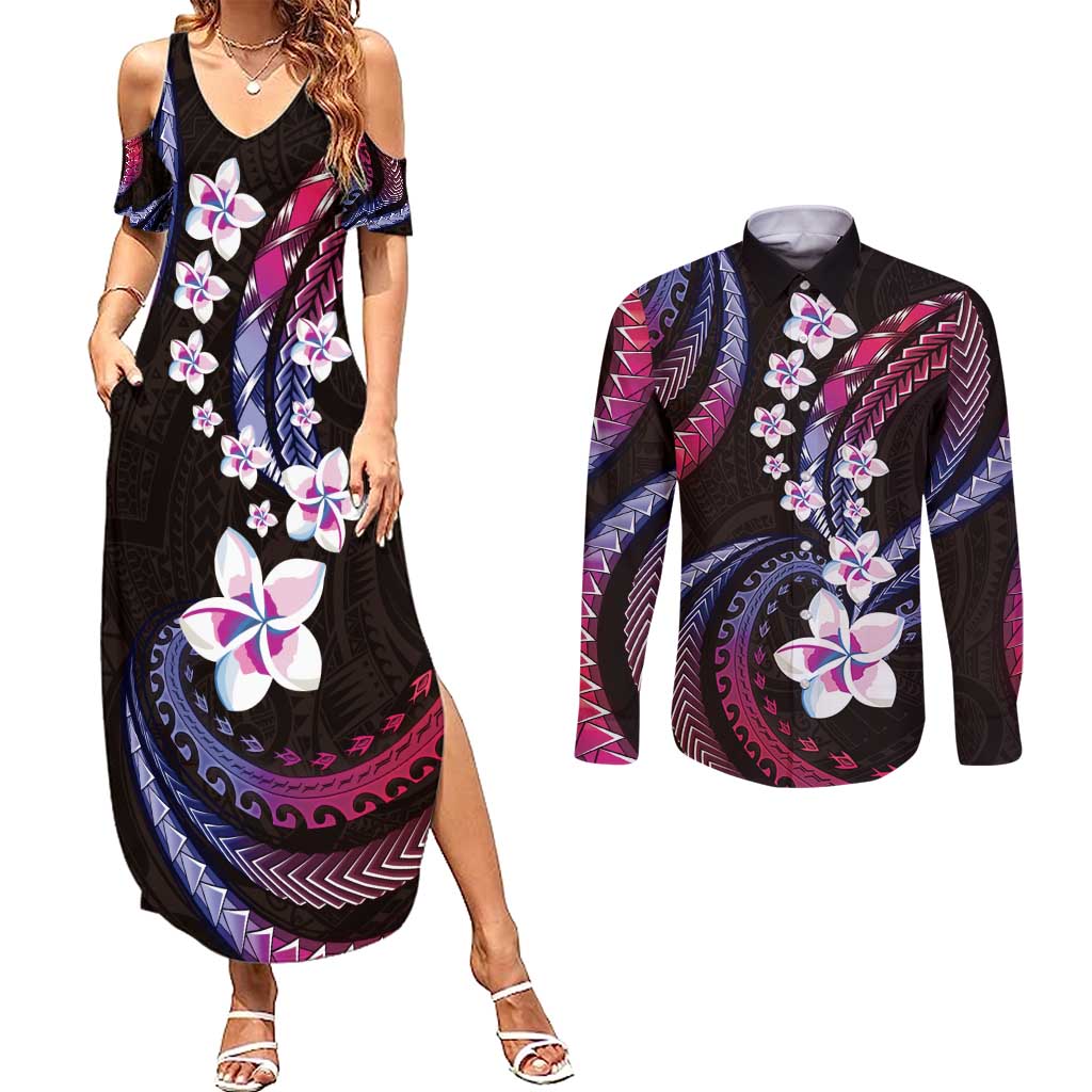 Hawaii Plumeria Couples Matching Summer Maxi Dress and Long Sleeve Button Shirt Sweet Gradient Polynesian Pattern LT01 Pink - Polynesian Pride