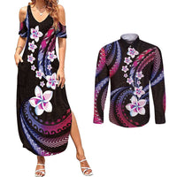 Hawaii Plumeria Couples Matching Summer Maxi Dress and Long Sleeve Button Shirt Sweet Gradient Polynesian Pattern LT01 Pink - Polynesian Pride