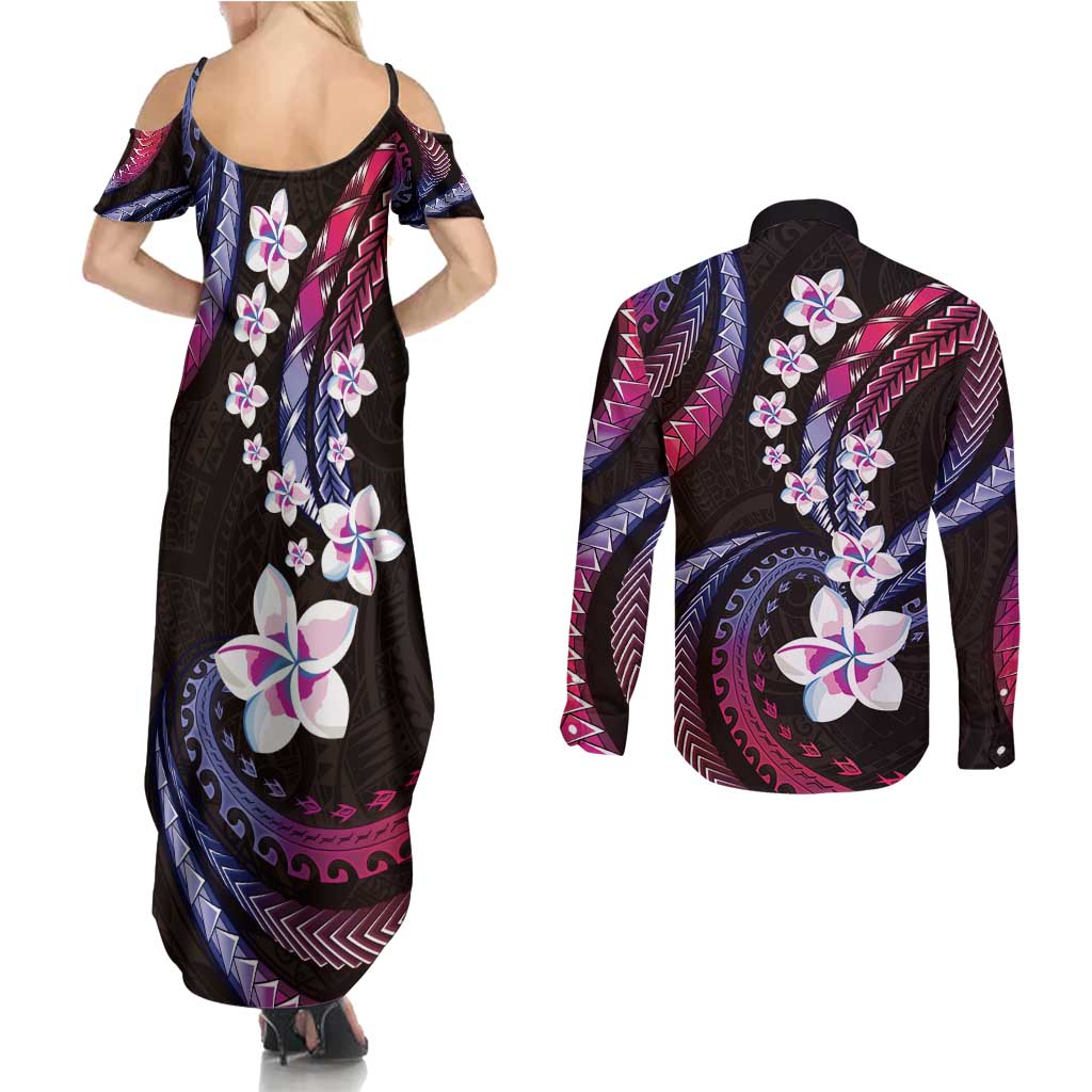 Hawaii Plumeria Couples Matching Summer Maxi Dress and Long Sleeve Button Shirt Sweet Gradient Polynesian Pattern LT01 - Polynesian Pride