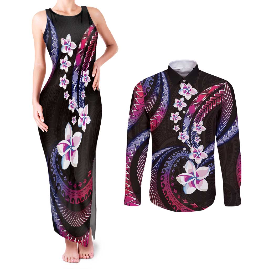 Hawaii Plumeria Couples Matching Tank Maxi Dress and Long Sleeve Button Shirt Sweet Gradient Polynesian Pattern LT01 Pink - Polynesian Pride