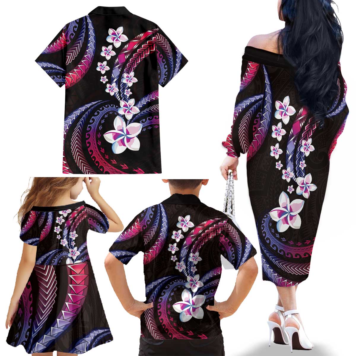 Hawaii Plumeria Family Matching Off The Shoulder Long Sleeve Dress and Hawaiian Shirt Sweet Gradient Polynesian Pattern