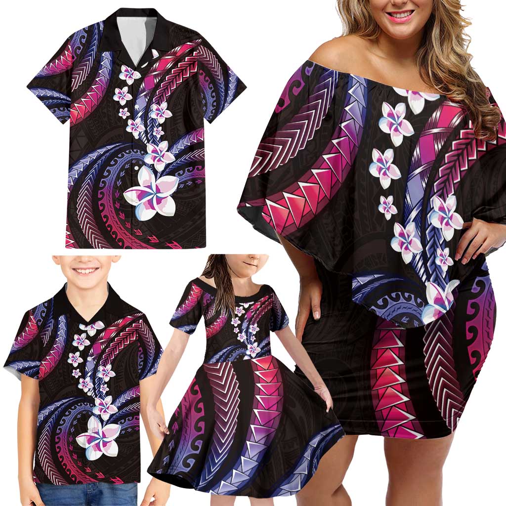 Hawaii Plumeria Family Matching Off Shoulder Short Dress and Hawaiian Shirt Sweet Gradient Polynesian Pattern