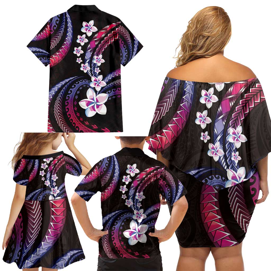 Hawaii Plumeria Family Matching Off Shoulder Short Dress and Hawaiian Shirt Sweet Gradient Polynesian Pattern