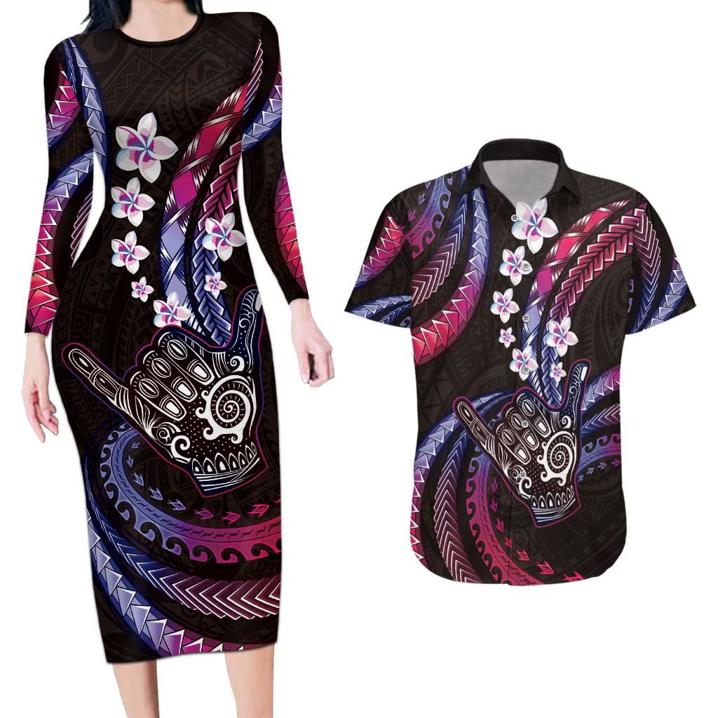 Hawaii Shaka Sign Couples Matching Long Sleeve Bodycon Dress and Hawaiian Shirt Fantastic Frangipani Sweet Vibes