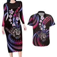 Hawaii Shaka Sign Couples Matching Long Sleeve Bodycon Dress and Hawaiian Shirt Fantastic Frangipani Sweet Vibes