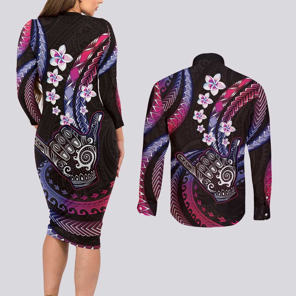 Hawaii Shaka Sign Couples Matching Long Sleeve Bodycon Dress and Long Sleeve Button Shirt Fantastic Frangipani Sweet Vibes