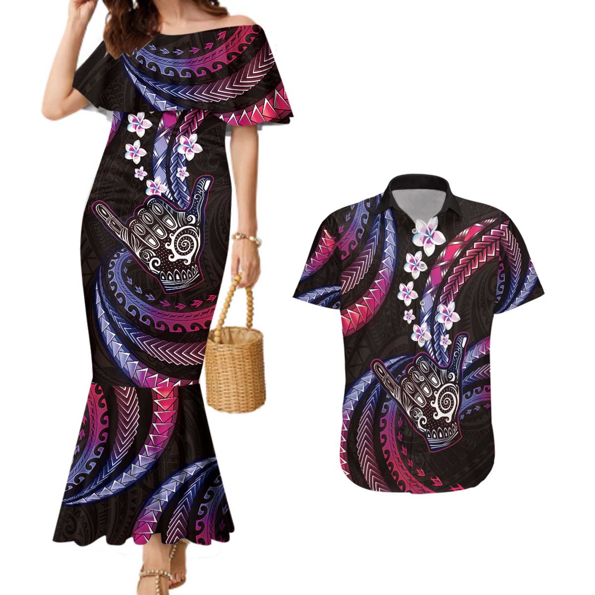 Hawaii Shaka Sign Couples Matching Mermaid Dress and Hawaiian Shirt Fantastic Frangipani Sweet Vibes LT01 Pink - Polynesian Pride