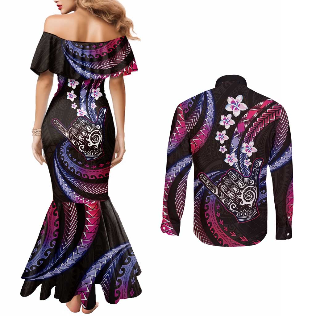 Hawaii Shaka Sign Couples Matching Mermaid Dress and Long Sleeve Button Shirt Fantastic Frangipani Sweet Vibes