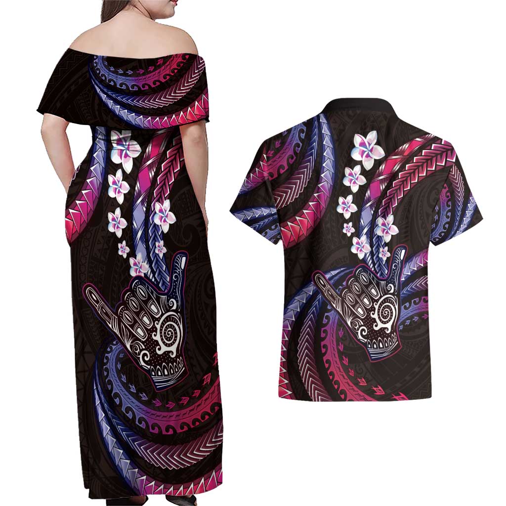 Hawaii Shaka Sign Couples Matching Off Shoulder Maxi Dress and Hawaiian Shirt Fantastic Frangipani Sweet Vibes