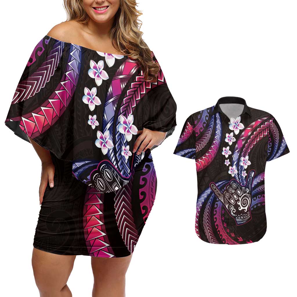 Hawaii Shaka Sign Couples Matching Off Shoulder Short Dress and Hawaiian Shirt Fantastic Frangipani Sweet Vibes