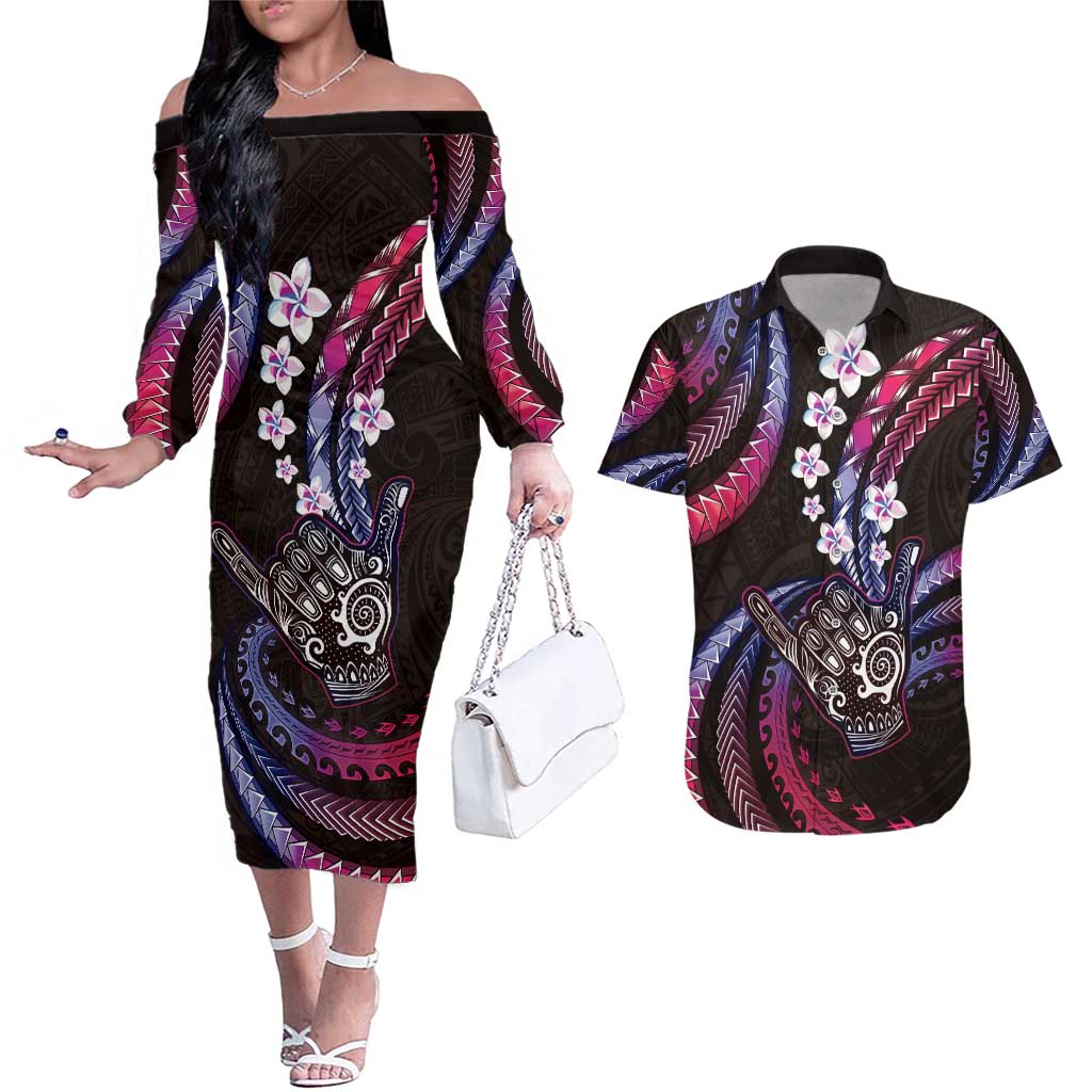 Hawaii Shaka Sign Couples Matching Off The Shoulder Long Sleeve Dress and Hawaiian Shirt Fantastic Frangipani Sweet Vibes LT01 Pink - Polynesian Pride