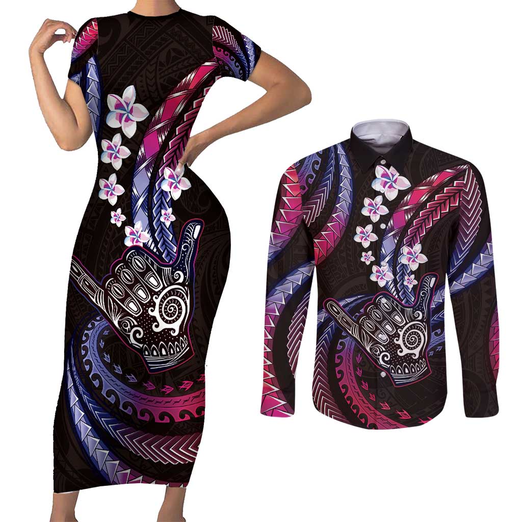Hawaii Shaka Sign Couples Matching Short Sleeve Bodycon Dress and Long Sleeve Button Shirt Fantastic Frangipani Sweet Vibes