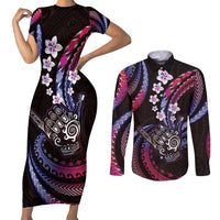 Hawaii Shaka Sign Couples Matching Short Sleeve Bodycon Dress and Long Sleeve Button Shirt Fantastic Frangipani Sweet Vibes