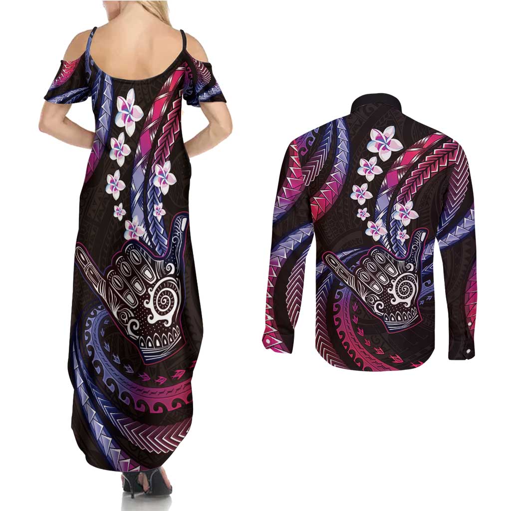 Hawaii Shaka Sign Couples Matching Summer Maxi Dress and Long Sleeve Button Shirt Fantastic Frangipani Sweet Vibes