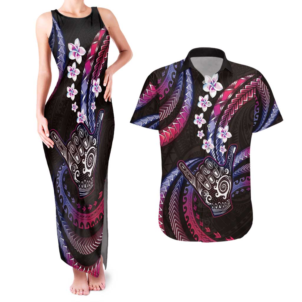 Hawaii Shaka Sign Couples Matching Tank Maxi Dress and Hawaiian Shirt Fantastic Frangipani Sweet Vibes