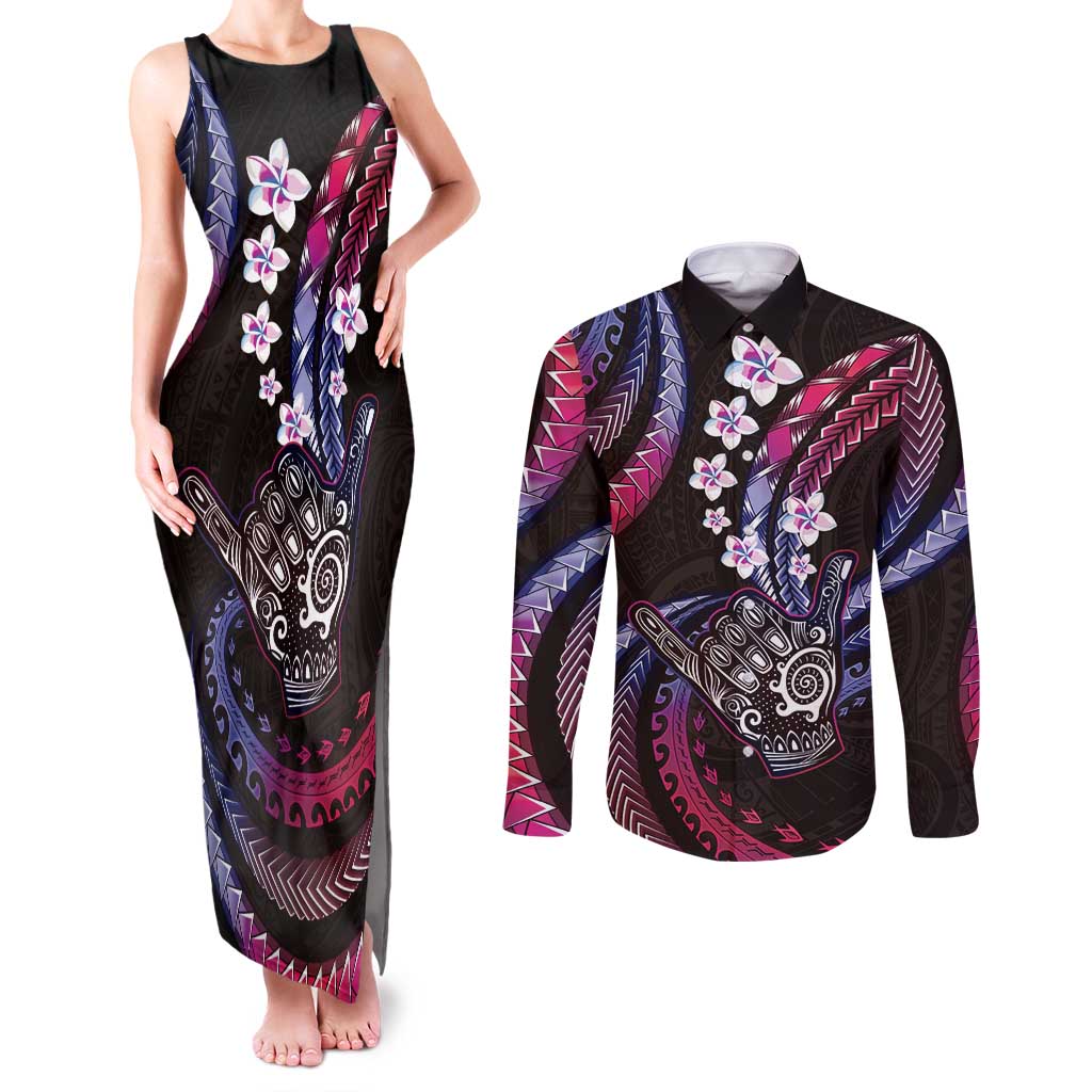 Hawaii Shaka Sign Couples Matching Tank Maxi Dress and Long Sleeve Button Shirt Fantastic Frangipani Sweet Vibes LT01 Pink - Polynesian Pride