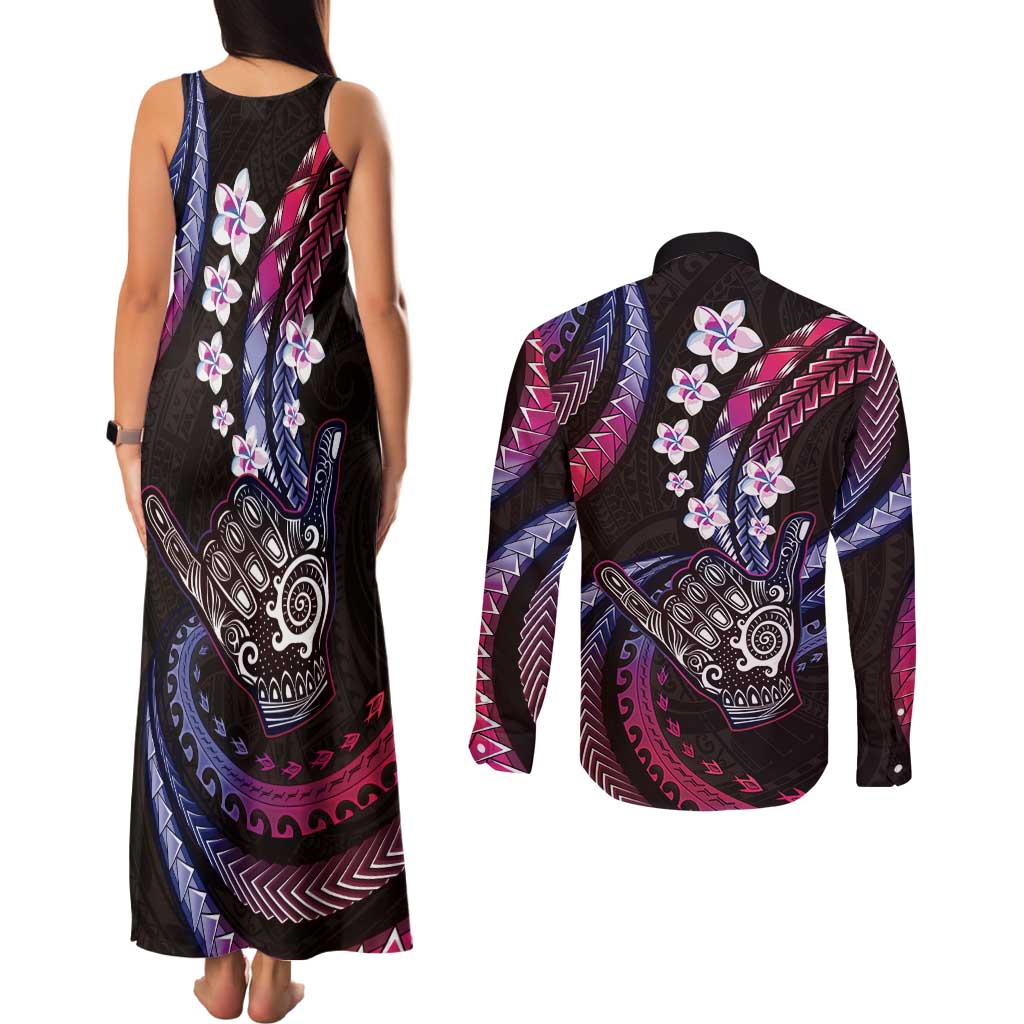 Hawaii Shaka Sign Couples Matching Tank Maxi Dress and Long Sleeve Button Shirt Fantastic Frangipani Sweet Vibes