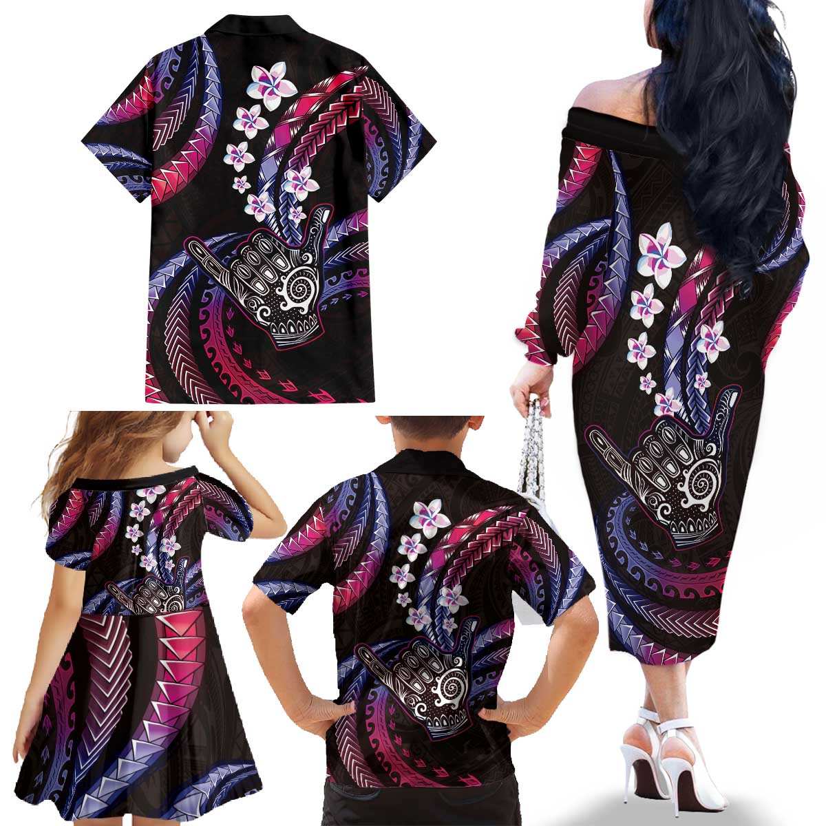 Hawaii Shaka Sign Family Matching Off The Shoulder Long Sleeve Dress and Hawaiian Shirt Fantastic Frangipani Sweet Vibes
