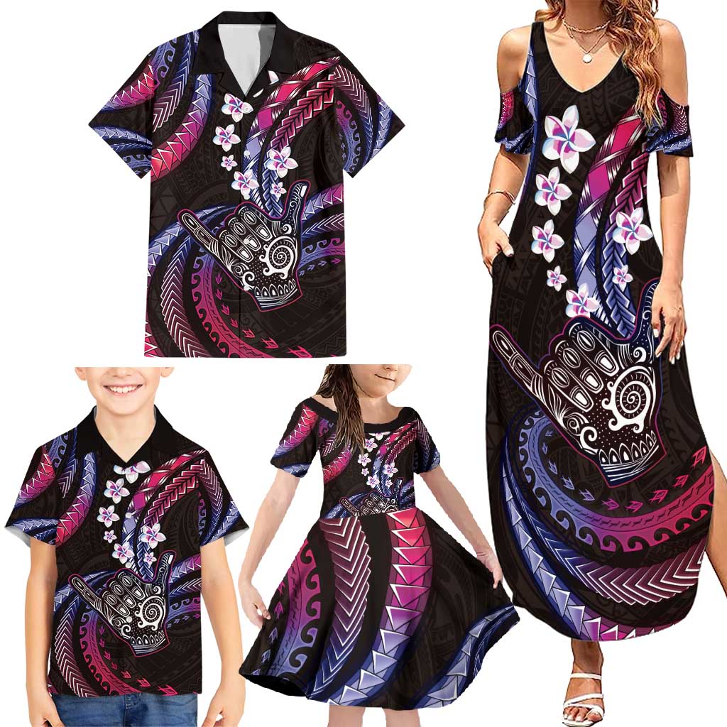 Hawaii Shaka Sign Family Matching Summer Maxi Dress and Hawaiian Shirt Fantastic Frangipani Sweet Vibes