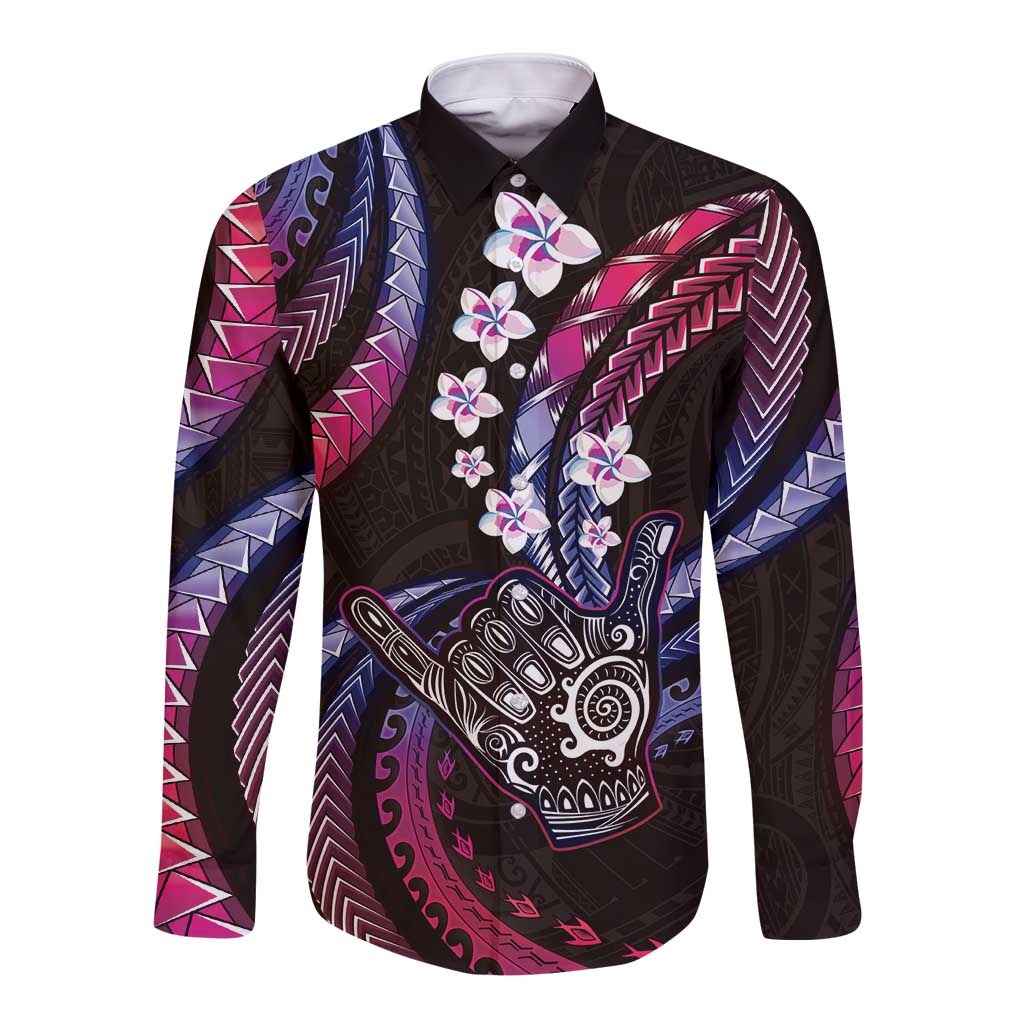 Hawaii Shaka Sign Long Sleeve Button Shirt Fantastic Frangipani Sweet Vibes LT01 Unisex Pink - Polynesian Pride