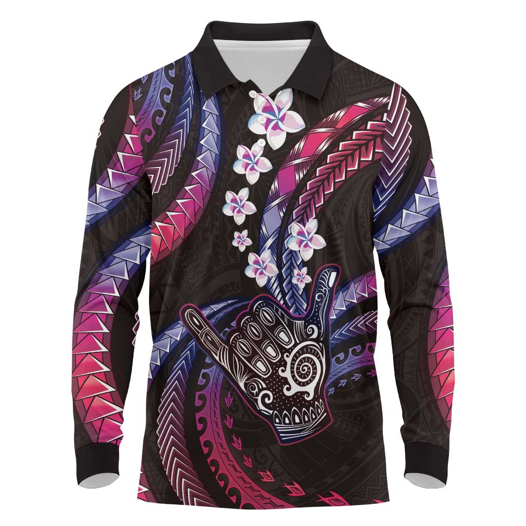 Hawaii Shaka Sign Long Sleeve Polo Shirt Fantastic Frangipani Sweet Vibes